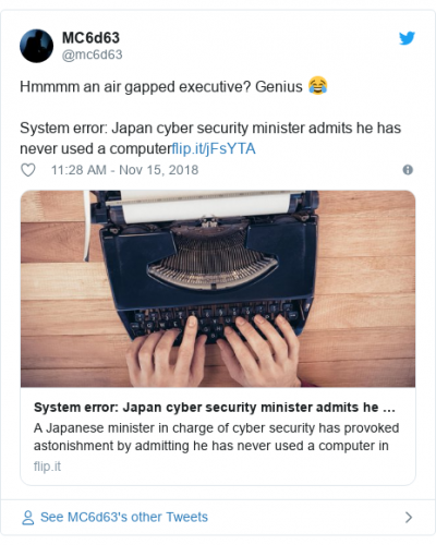 Japan's cyber-security minister has 'never used a computer' Japan's cyber-security minister has 'never used a computer'