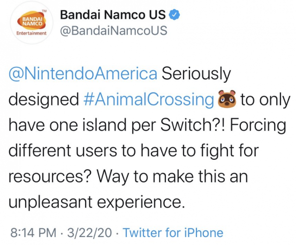 Bandai Namco раскритиковала Nintendo за Animal Crossing: New Horizons Bandai Namco раскритиковала Nintendo за Animal Crossing: New Horizons